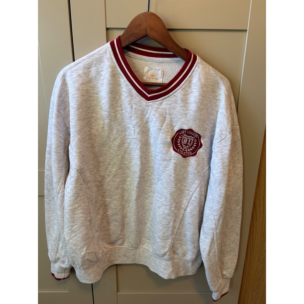 Lazy Sunday Ivy League Academia V-Neck Sweatshirt Grey Burgundy Varsity XL